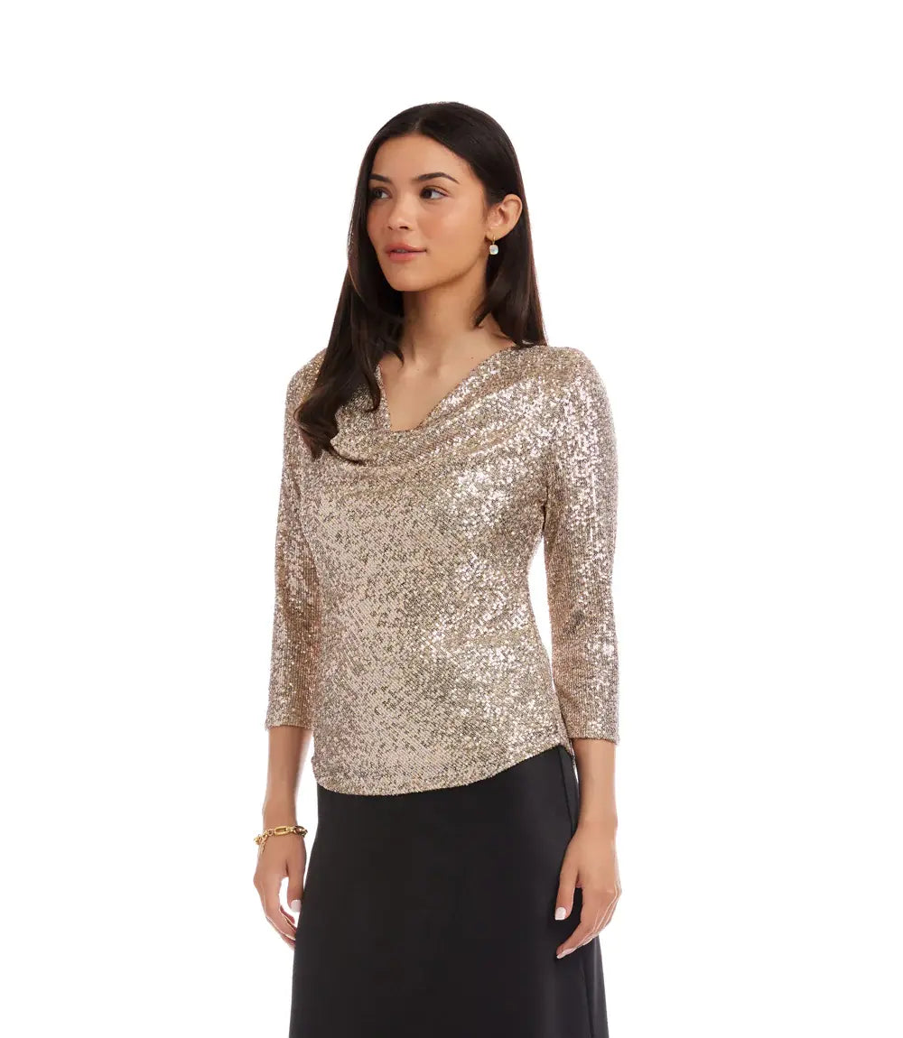 Karen Kane 3/4 Sleeve Drape Front Sequin Top