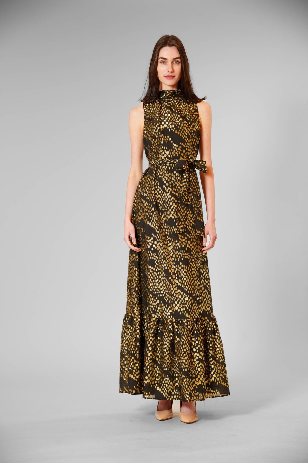 Julia Jordan - Tie Neck Lurex Chiffon Overlay Dress w/ Sash