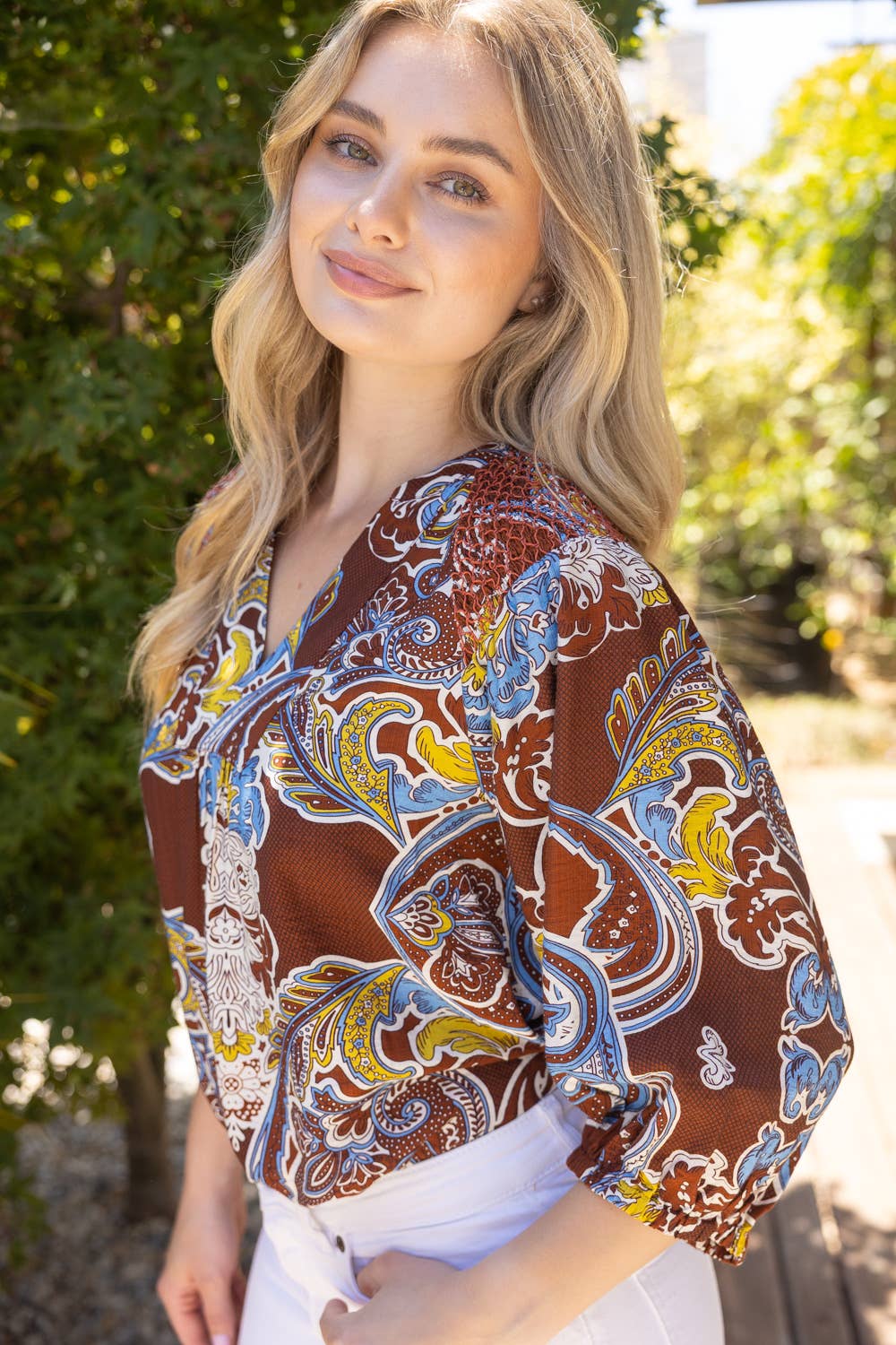 Voy Smocked Shoulder Detail Paisley Print Top