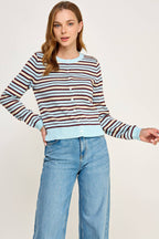 Ellison Multi Color Striped Crew Neck Cardigan Light Blue