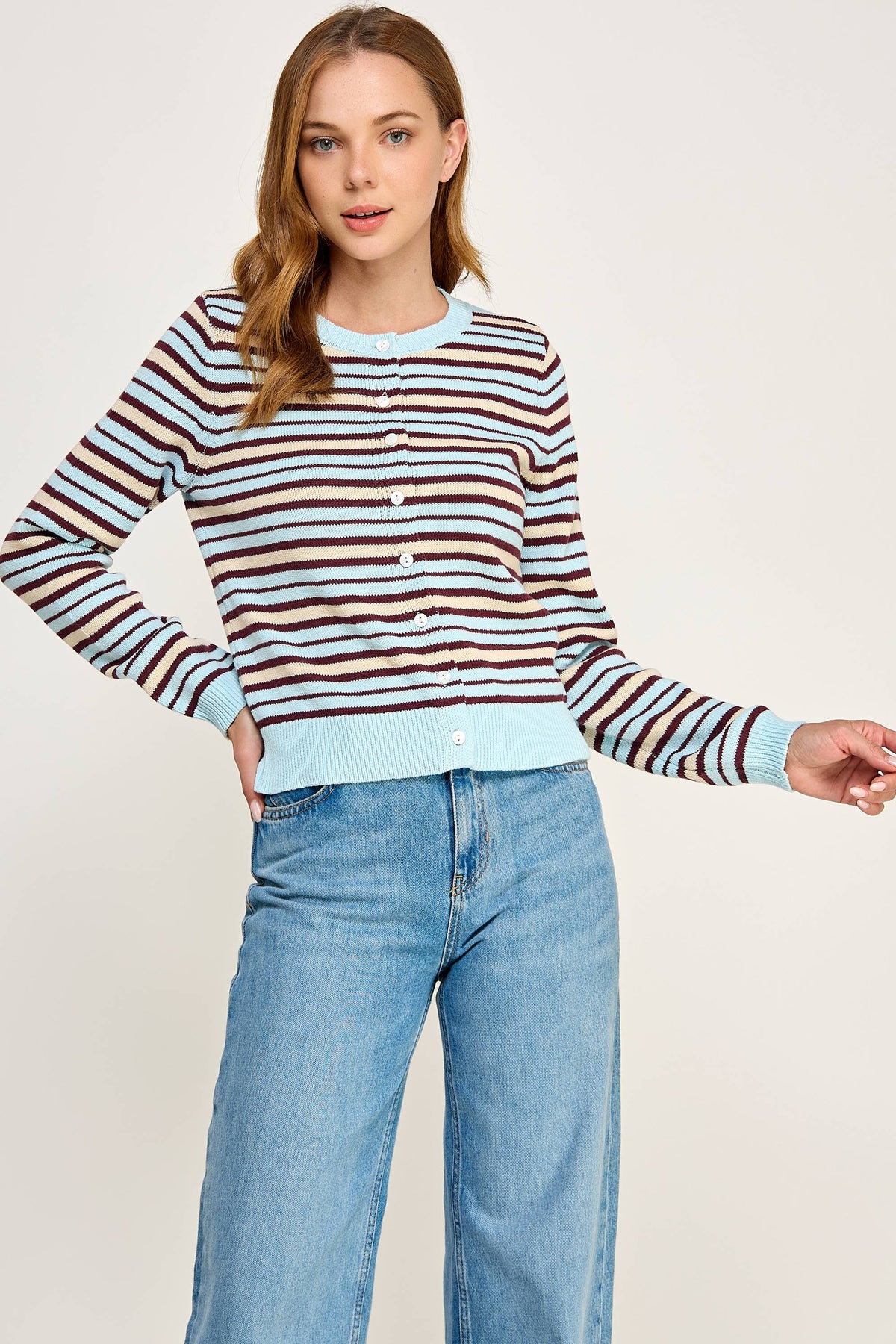 Ellison Multi Color Striped Crew Neck Cardigan Light Blue