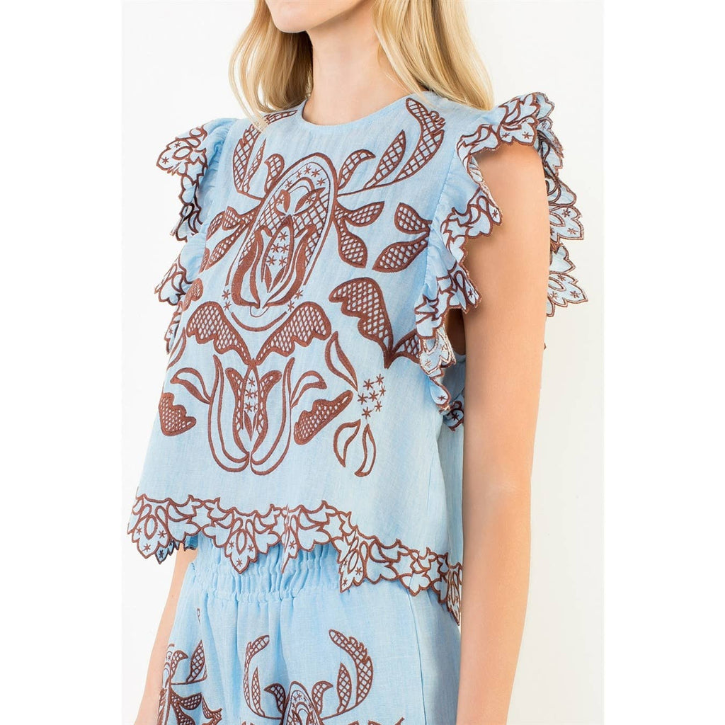 THML - Ruffle Sleeves Embroidery Detail Top