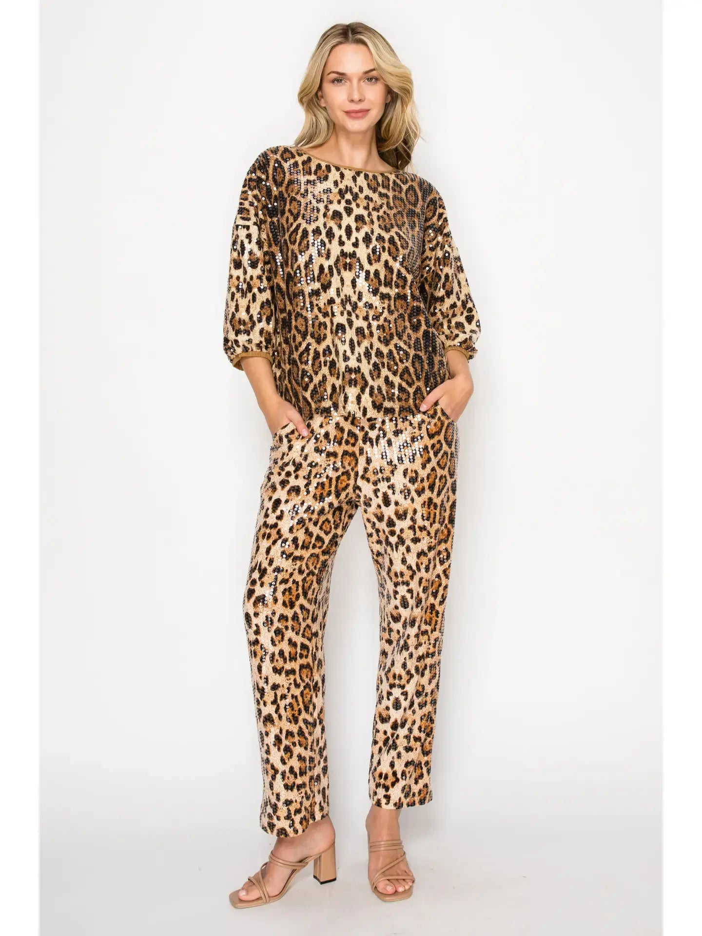 Joh Jelica Sequin Top/Jing Sequin Animal Print Pants Set