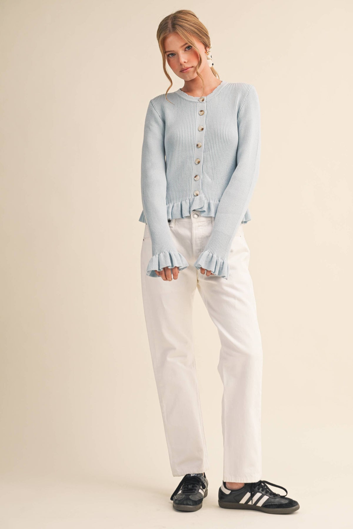 &MERCI - Ruffle Hem Ribbed Knit Sweater Cardigan