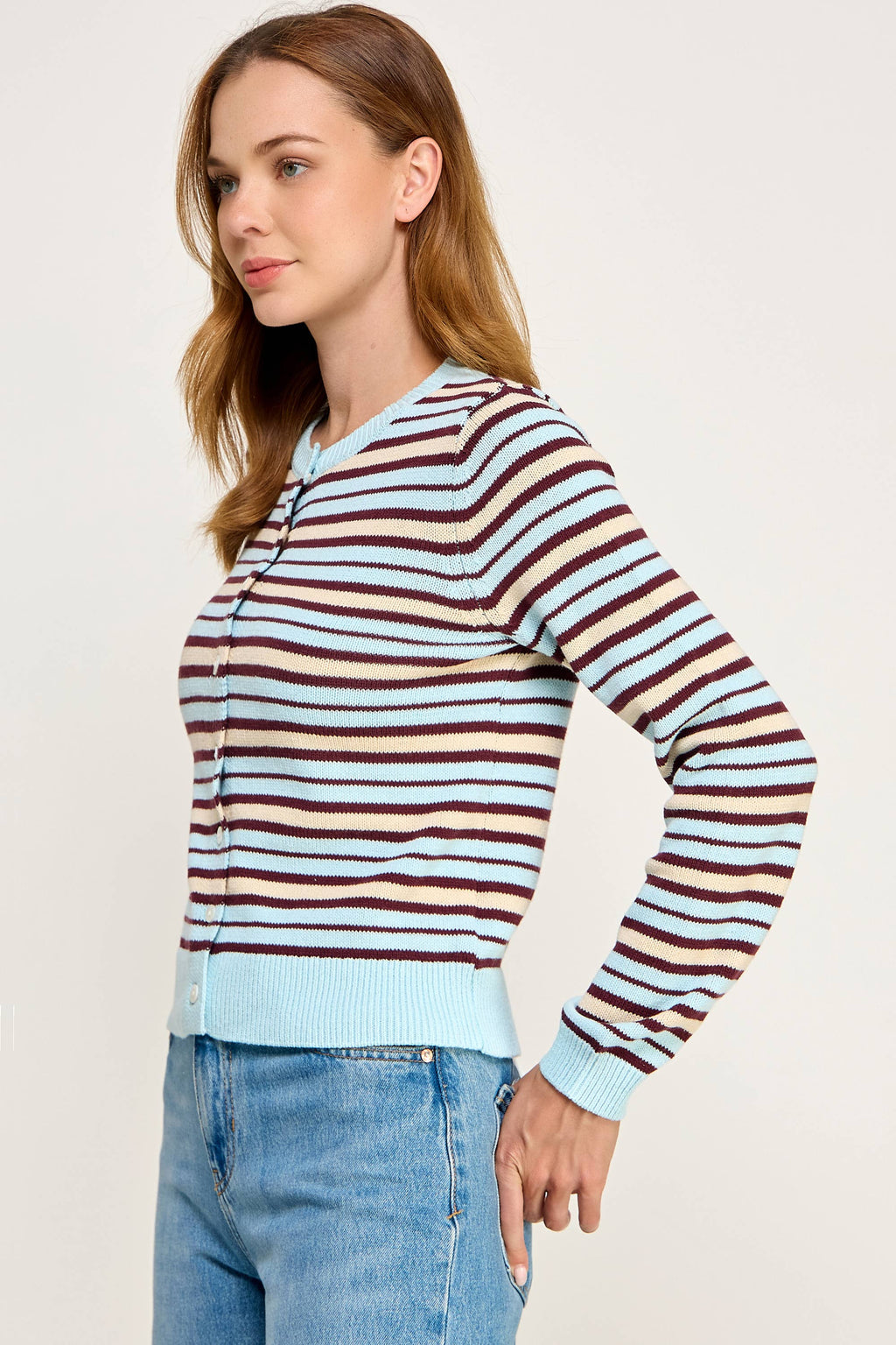 Ellison Multi Color Striped Crew Neck Cardigan Light Blue