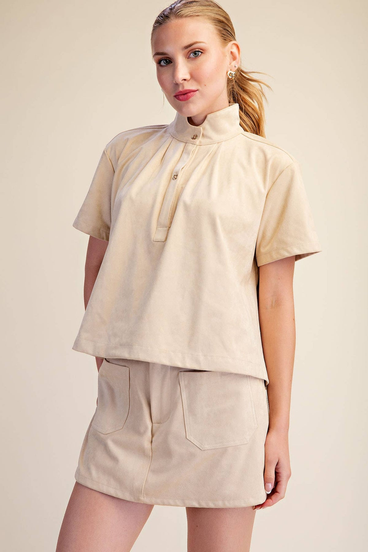 Glam   Stand Collar Short Sleeve Shirt