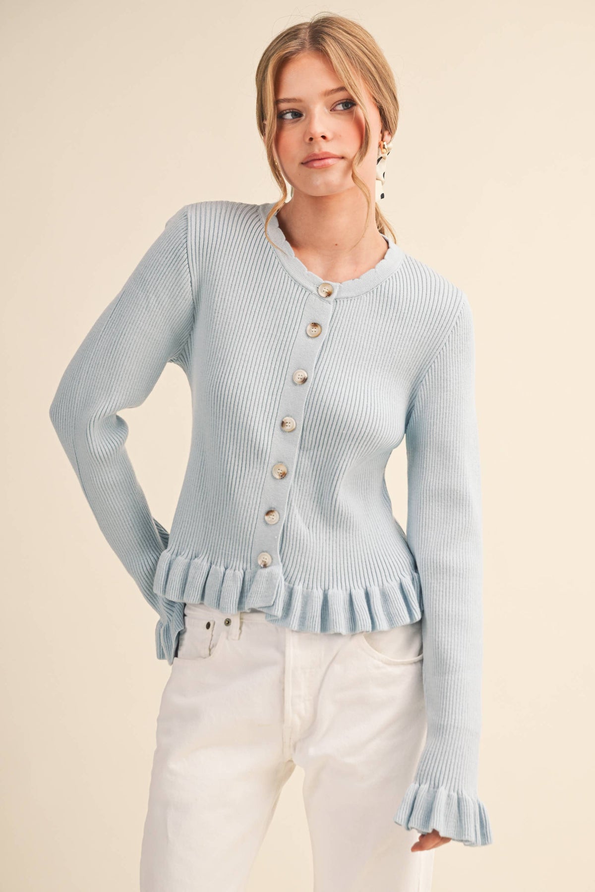&MERCI - Ruffle Hem Ribbed Knit Sweater Cardigan