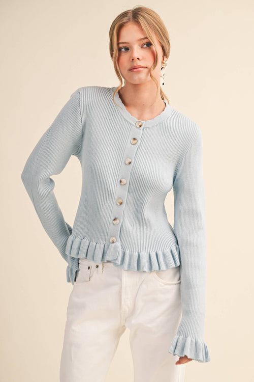 &MERCI - Ruffle Hem Ribbed Knit Sweater Cardigan