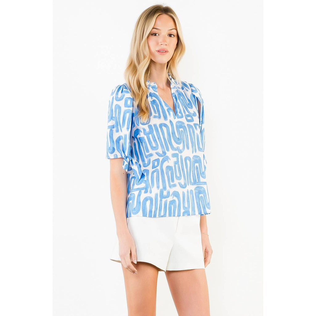 THML - Short Sleeve Abstract Pattern V-Neck Top