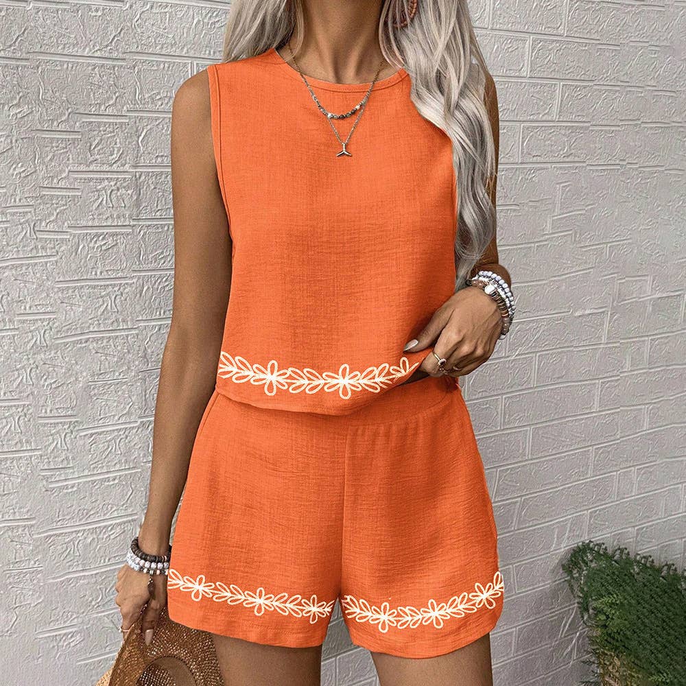 Rosa Clothing Boho Print Sleeveless Top Shorts Set Vest 2-Piece Set