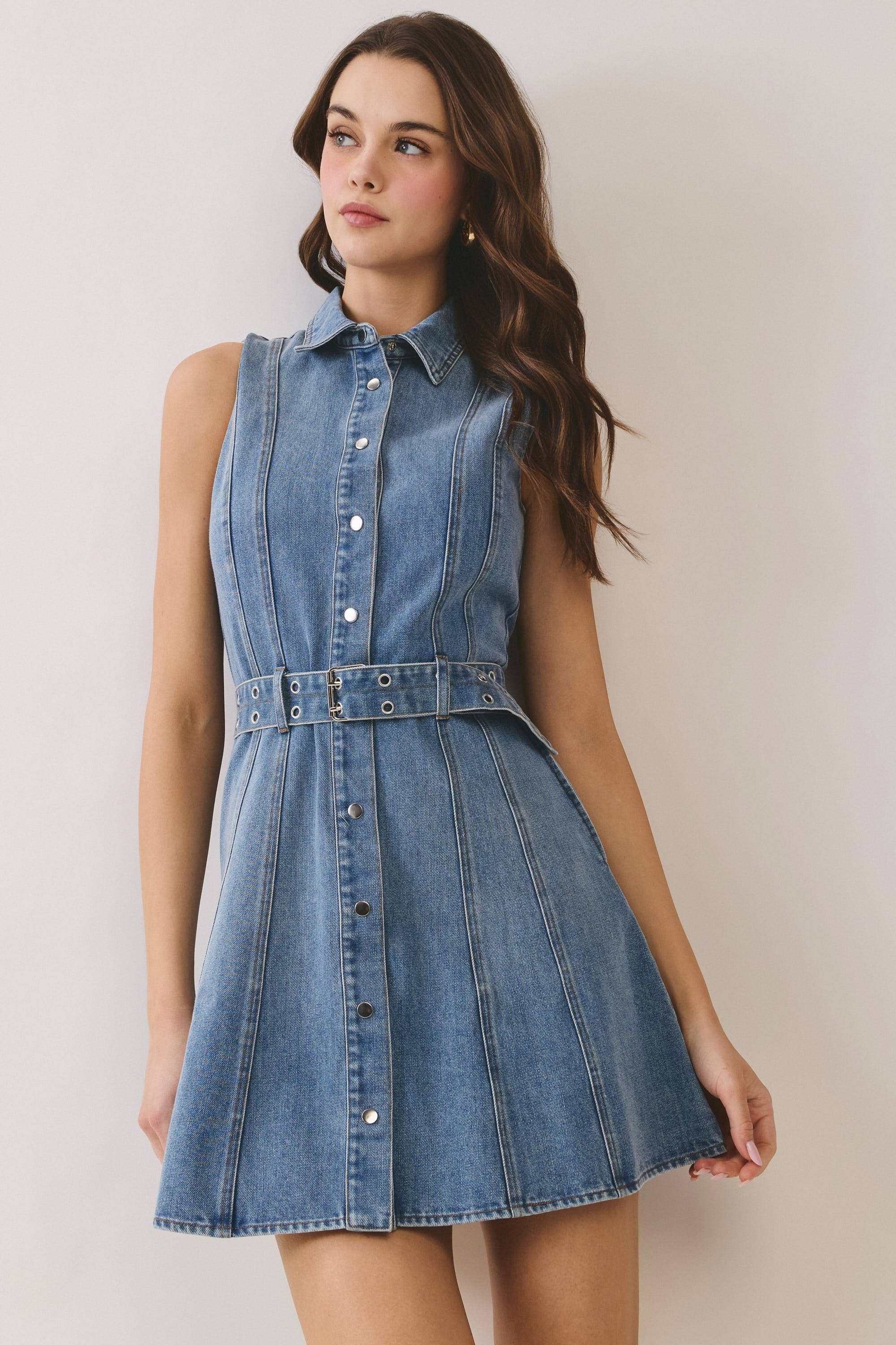 TCEC - CD06872-Denim Classic Collar Button Down Belted Mini Dress