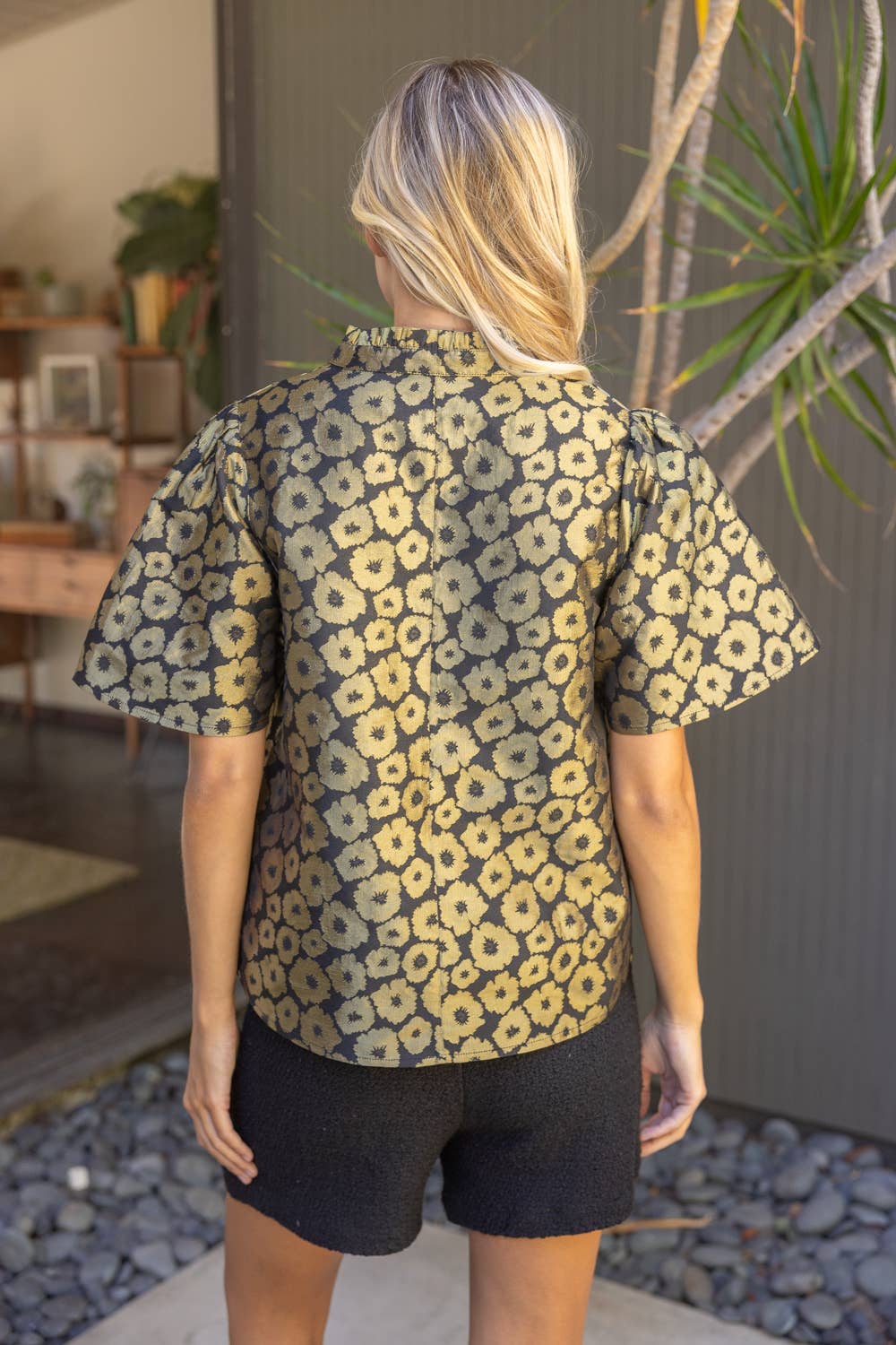 Voy  Short Sleeve Ruffle Neck Gold Floral Jacquard Top