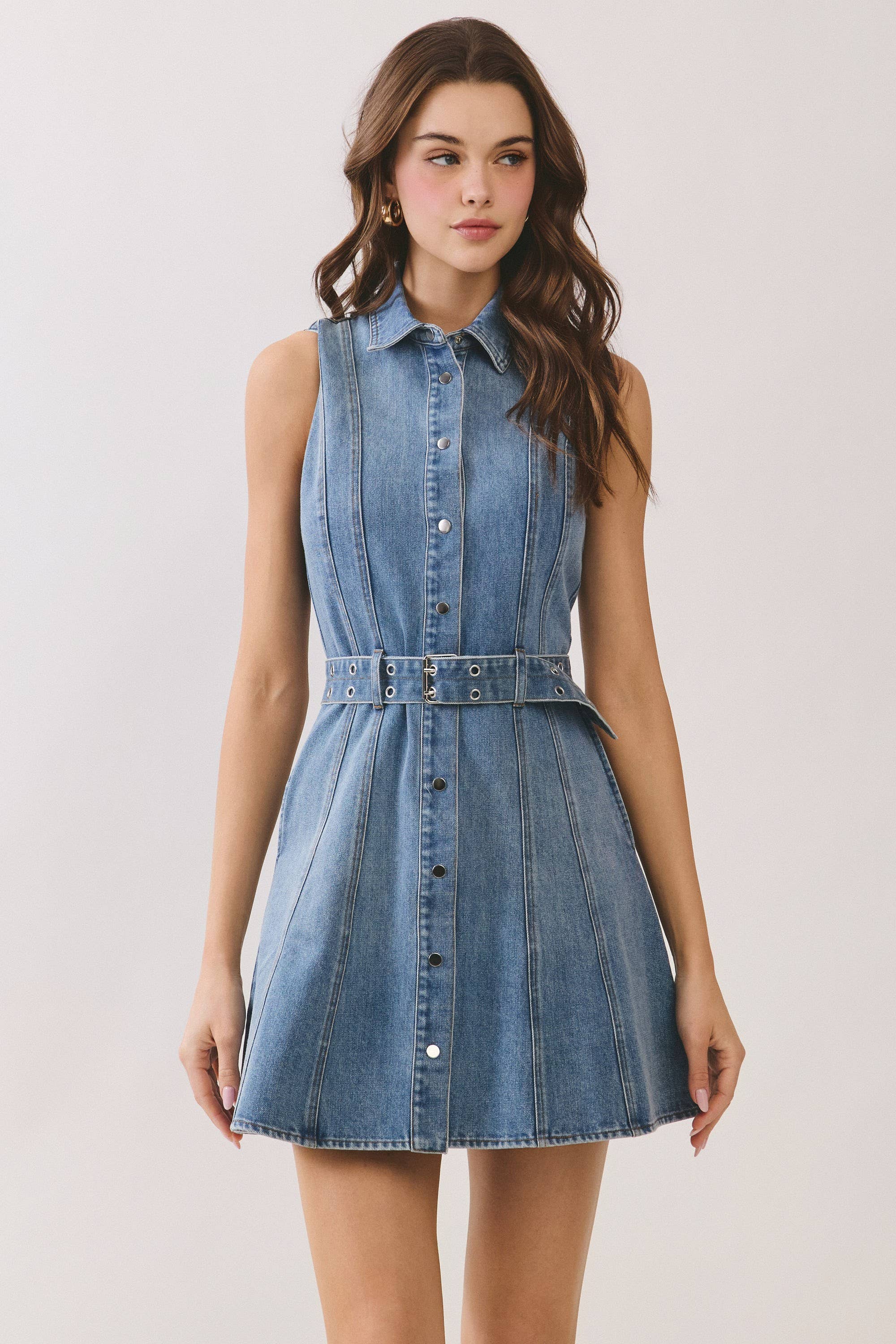 TCEC - CD06872-Denim Classic Collar Button Down Belted Mini Dress
