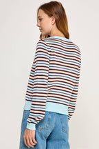 Ellison Multi Color Striped Crew Neck Cardigan Light Blue