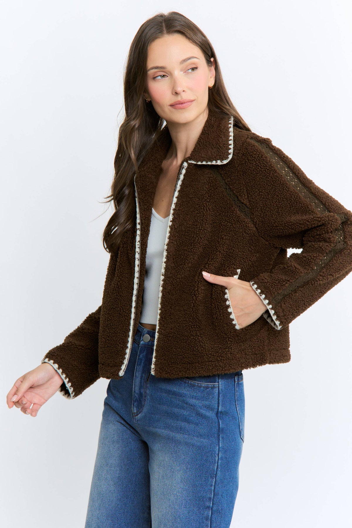 Camellia   Sherpa Fleece Zip-Up Jacket Contrast Trim