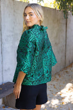 Voy Bubble Sleeve Tie Back Floral Jacqaurd Top
