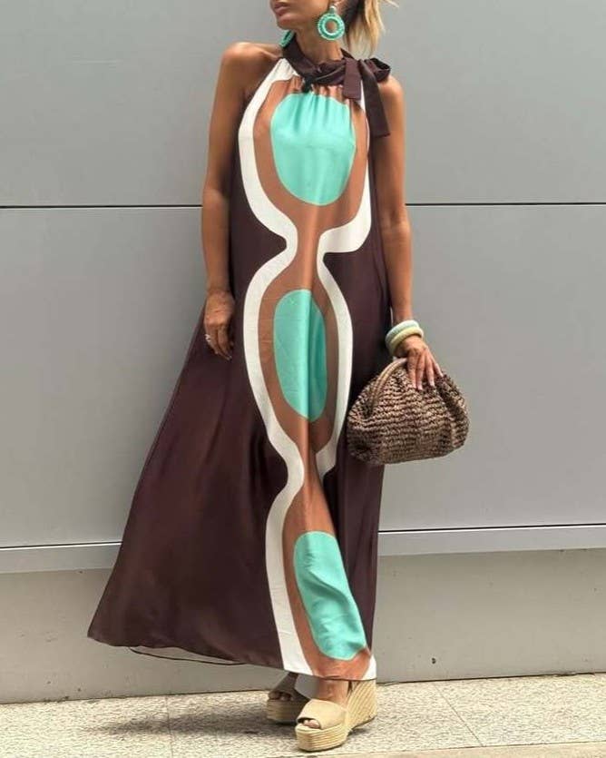 Rosa Clothing Boho Style Halter Neck Color Block Maxi Dress