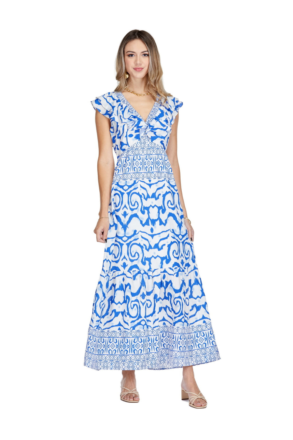 Joy Joy Ruched V-Neck Ruffles Maxi Dress