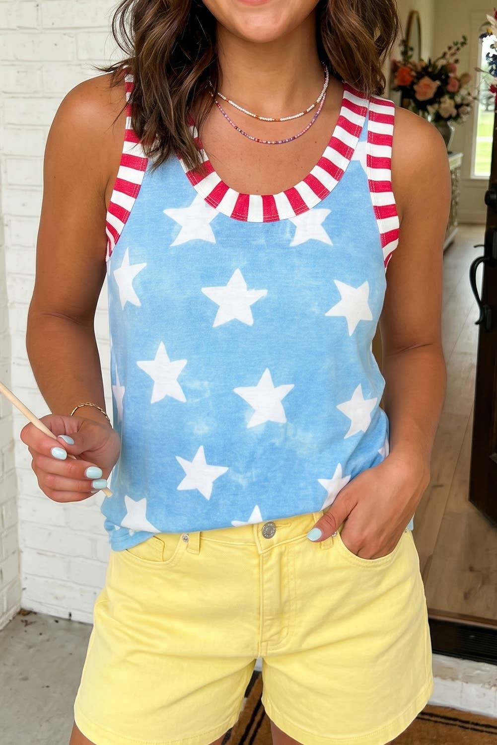 LA Society - LAS Dye Star Print Striped Trim Casual Tank Top (S-XL)