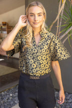 Voy  Short Sleeve Ruffle Neck Gold Floral Jacquard Top