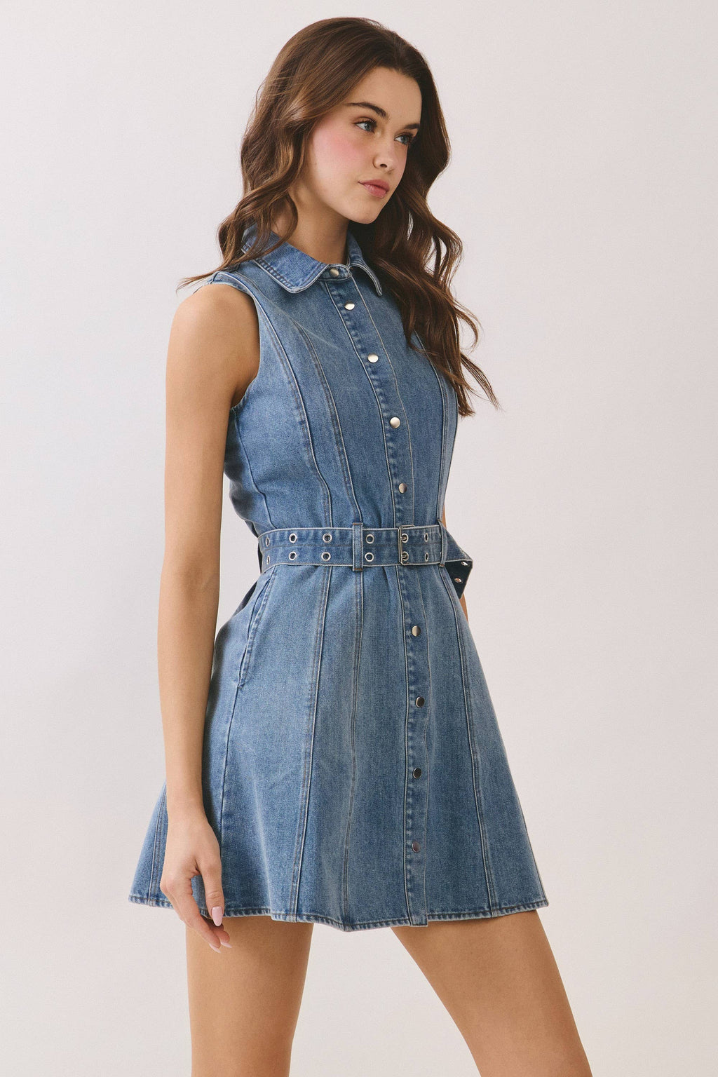 TCEC - CD06872-Denim Classic Collar Button Down Belted Mini Dress