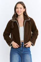 Camellia   Sherpa Fleece Zip-Up Jacket Contrast Trim