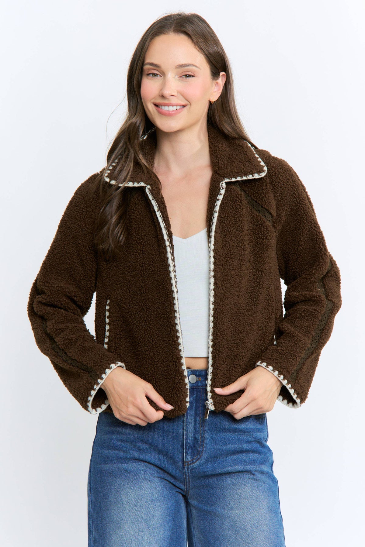 Camellia   Sherpa Fleece Zip-Up Jacket Contrast Trim