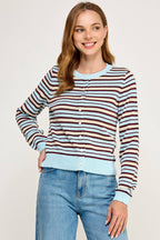 Ellison Multi Color Striped Crew Neck Cardigan Light Blue