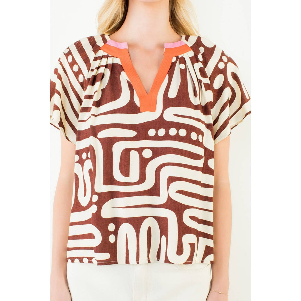 THML - Short Sleeve Pattern V-Neck Top