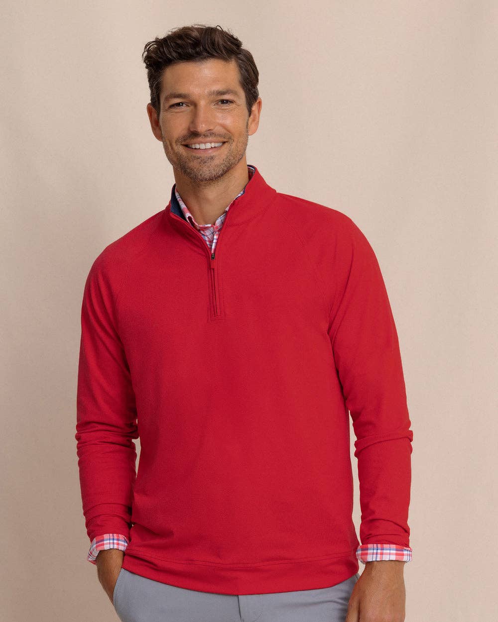 Southern Tide  Cruiser Heather Quarter Zip Pullover  Heather Crab Red