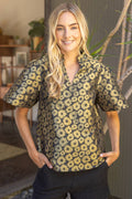 Voy  Short Sleeve Ruffle Neck Gold Floral Jacquard Top