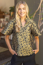 Voy  Short Sleeve Ruffle Neck Gold Floral Jacquard Top