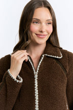 Camellia   Sherpa Fleece Zip-Up Jacket Contrast Trim