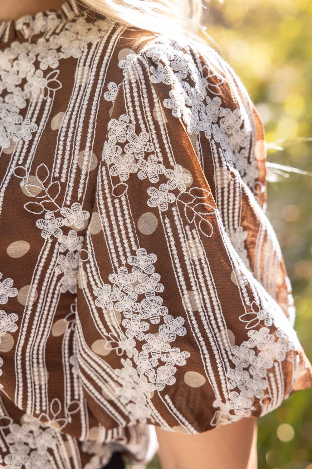 Voy Ruffle Neck Floral Embroidered Polkadot Top