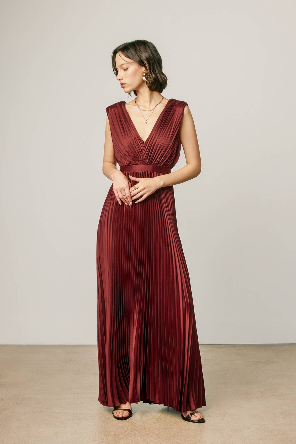 Dress Forum - Pleated Satin V Neck Maxi Dress