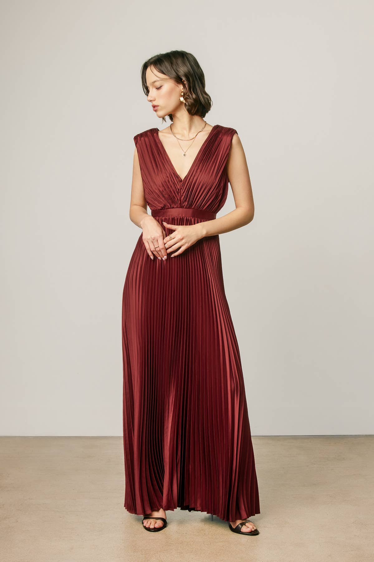 Dress Forum - Pleated Satin V Neck Maxi Dress