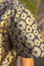 Voy  Short Sleeve Ruffle Neck Gold Floral Jacquard Top