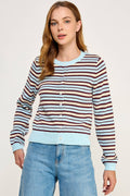 Ellison Multi Color Striped Crew Neck Cardigan Light Blue