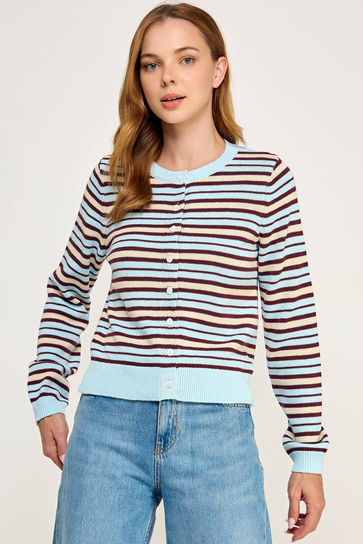 Ellison Multi Color Striped Crew Neck Cardigan Light Blue