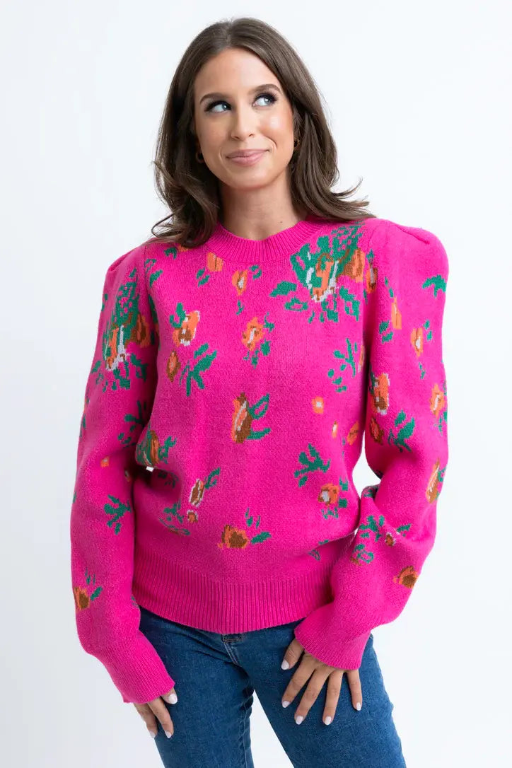 Karlie Floral Puff Sleeve Crew Sweater