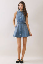 TCEC - CD06872-Denim Classic Collar Button Down Belted Mini Dress