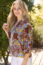 Voy Smocked Shoulder Detail Paisley Print Top