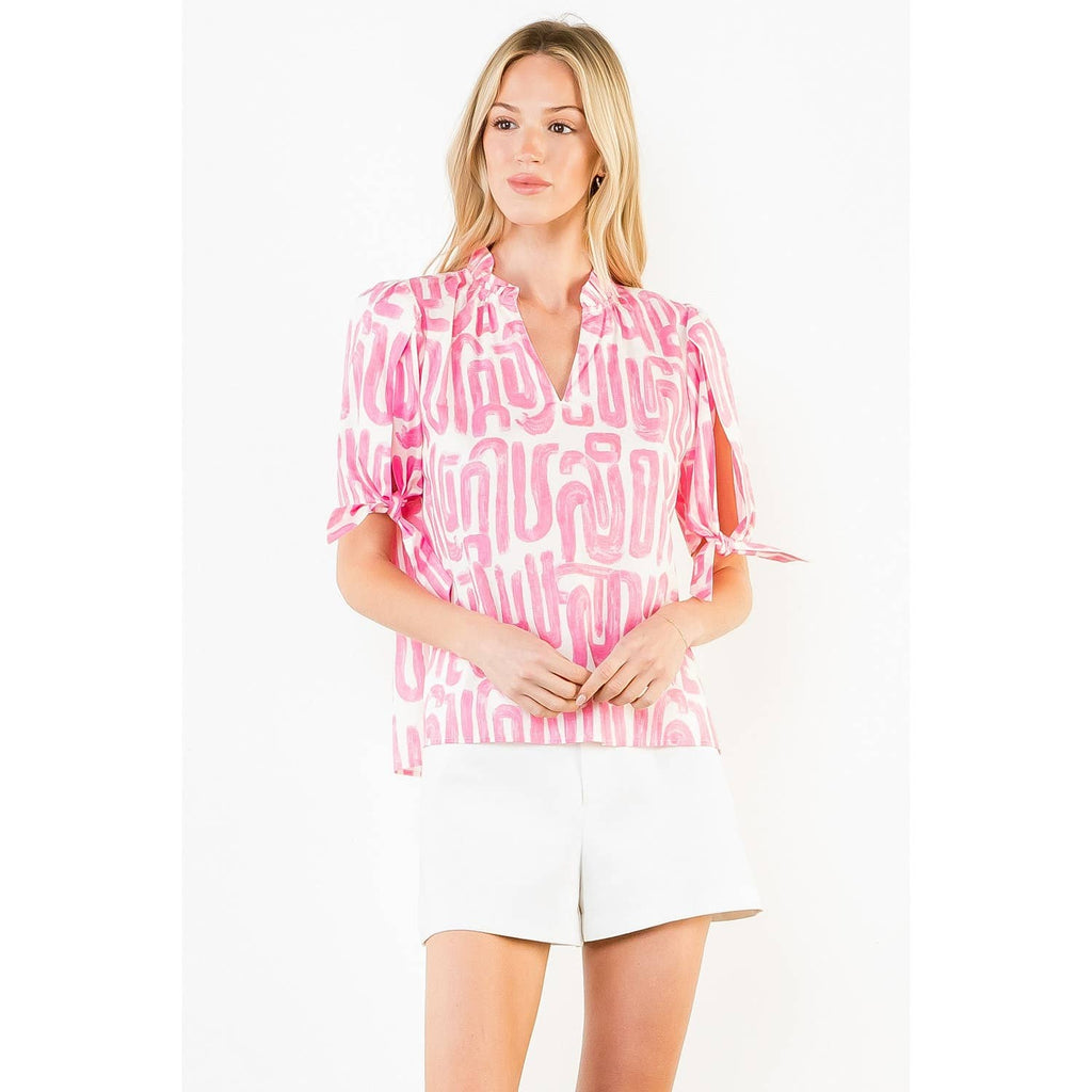 THML - Short Sleeve Abstract Pattern V-Neck Top
