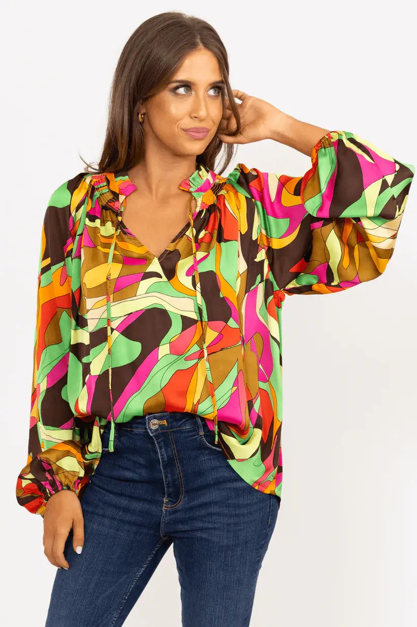 Karlie Abstract Satin V-Neck Top