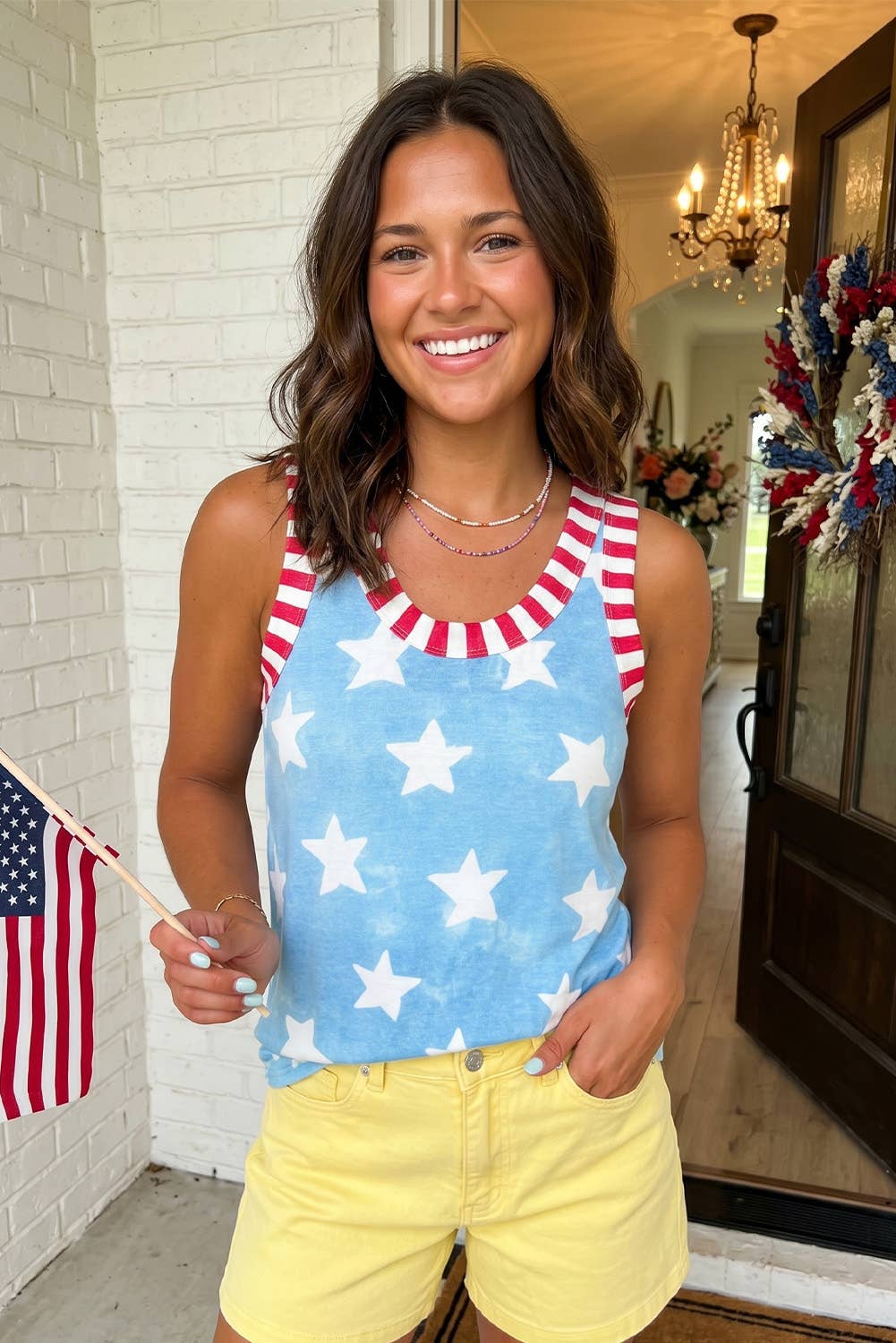 LA Society - LAS Dye Star Print Striped Trim Casual Tank Top (S-XL)