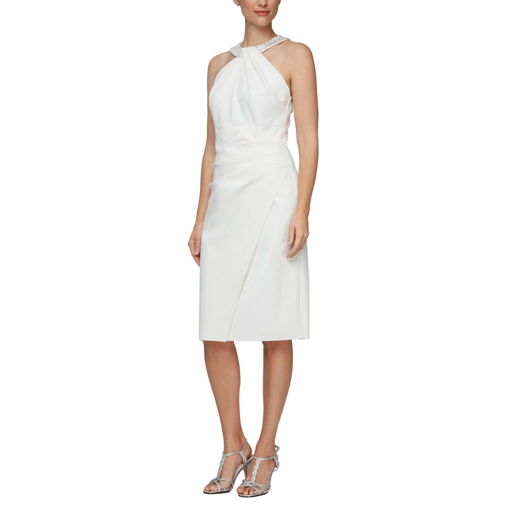 Alex Evening Embellished Halter Ruched Dress