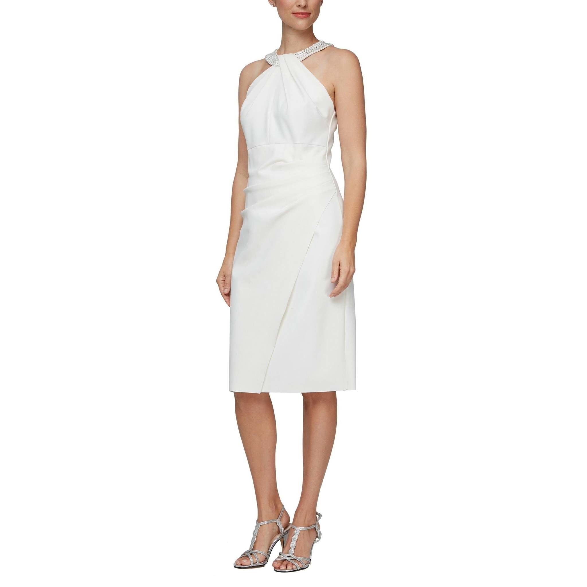 Alex Evening Embellished Halter Ruched Dress