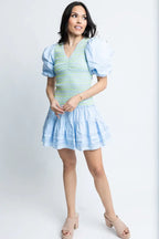 Karlie Solid Poplin V-Neck Smock Contrast Stitch Dress