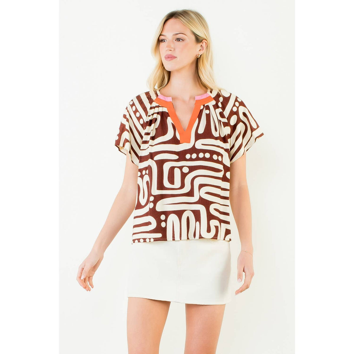 THML - Short Sleeve Pattern V-Neck Top