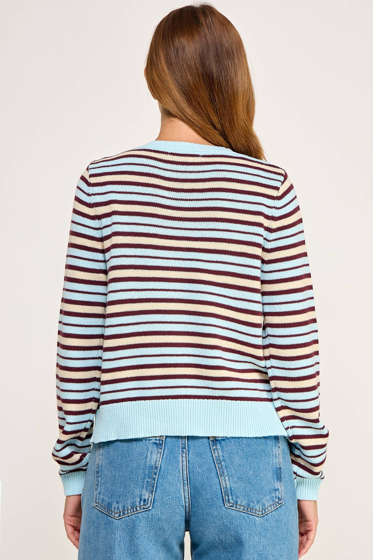 Ellison Multi Color Striped Crew Neck Cardigan Light Blue